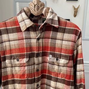 Timberland Orange Brown Plaid Button Up Heavyweight M